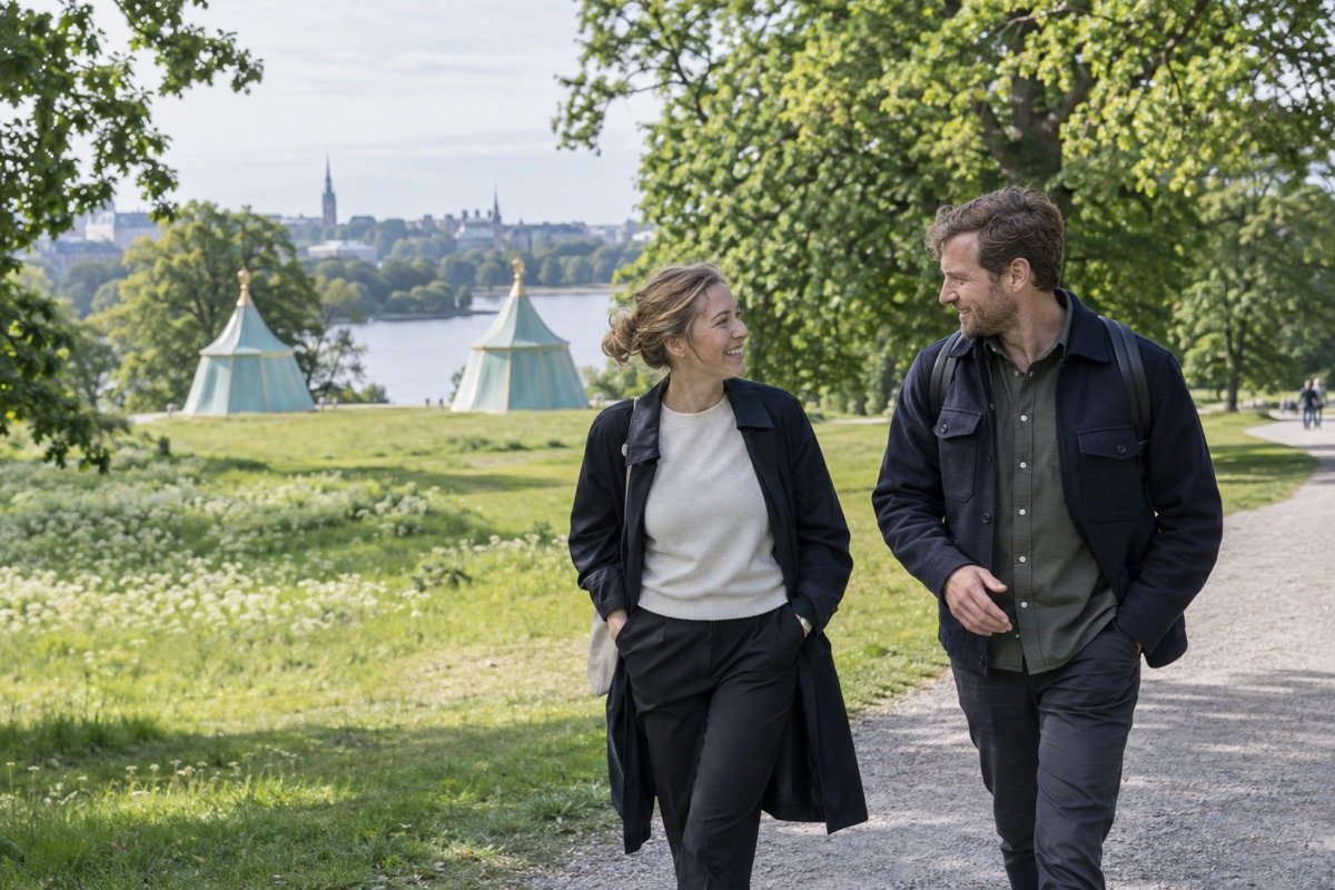 Två personer som promenerar tillsammans och ler i Hagaparken, Stockholm