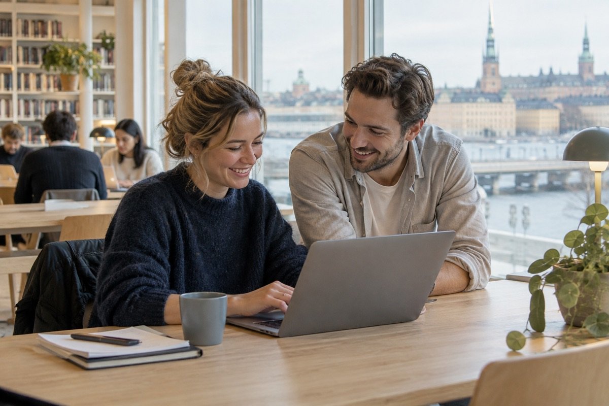 Två personer som ler medan de arbetar tillsammans vid en bärbar dator i en svensk coworkingmiljö